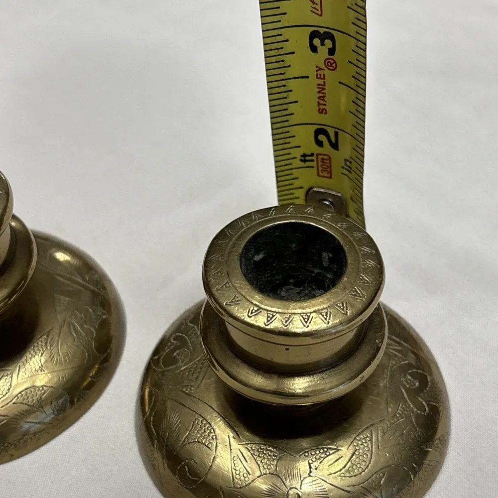 Pair of Vtg‎ Brass Engraved Candle Holders